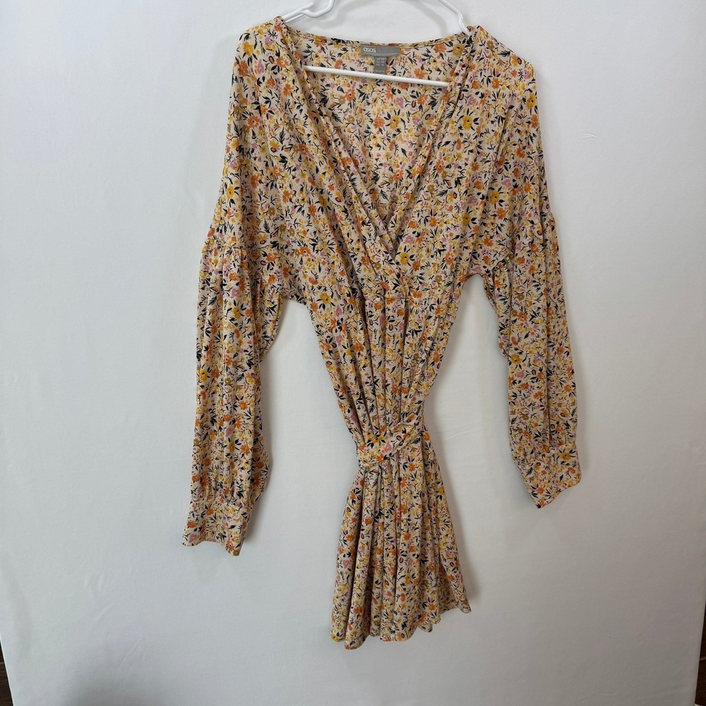ASOS Floral Wrap Mini Dress Yellow Orange Pink Long Sleeve US 16 V-Neck